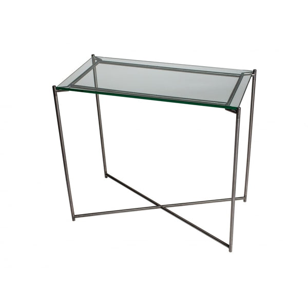 Clear Glass Small Console Table with Gun Metal Cross Base