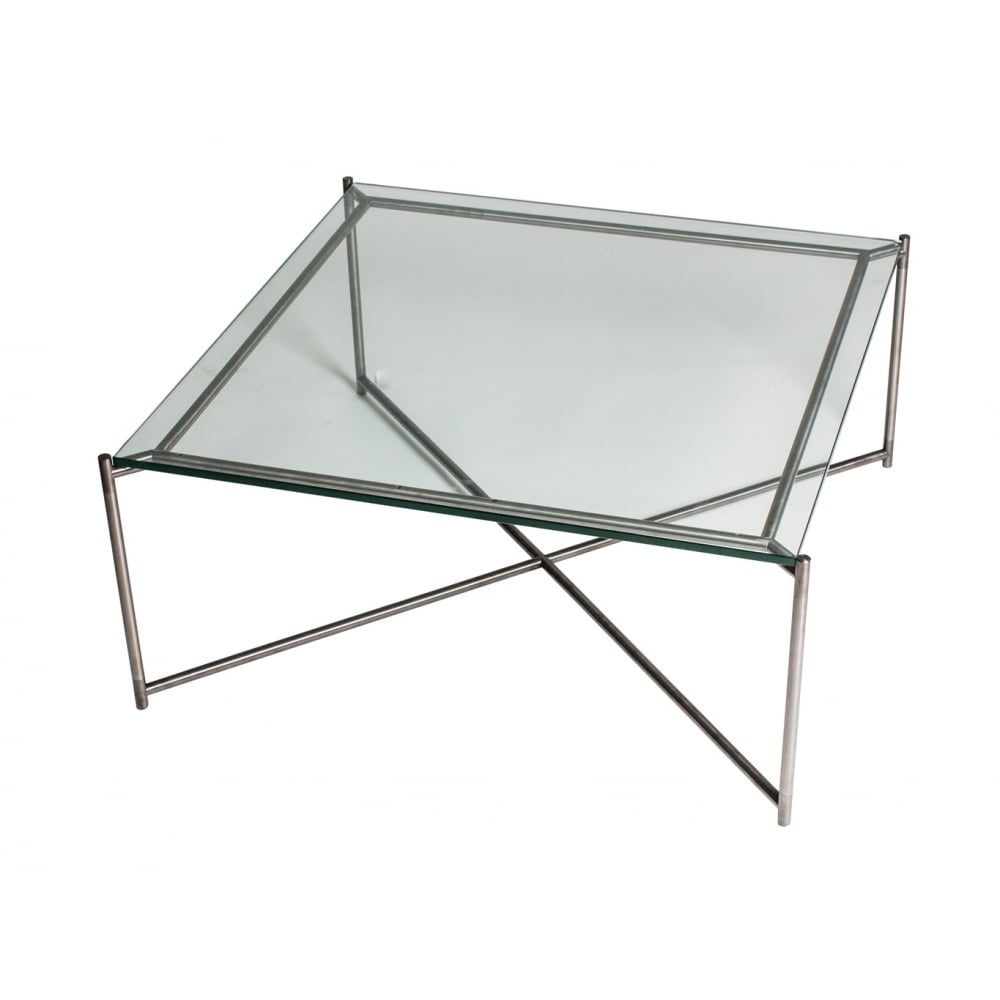 Clear Glass Square Coffee Table with Gun Metal Cross Base