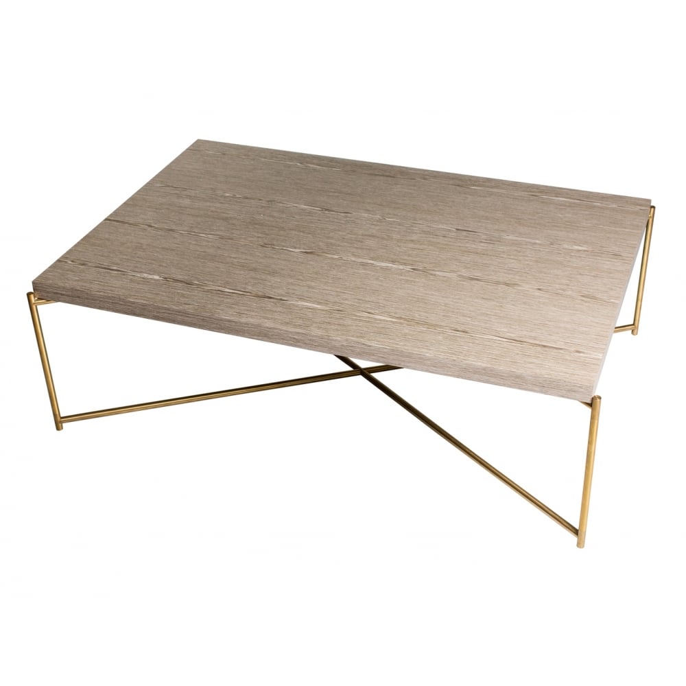 Weathered Oak Rectangular Coffee Table with Brass Cross Base