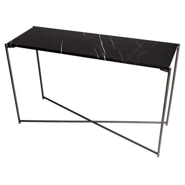 Black Marble Large Console Table with Gun Metal Cross Base
