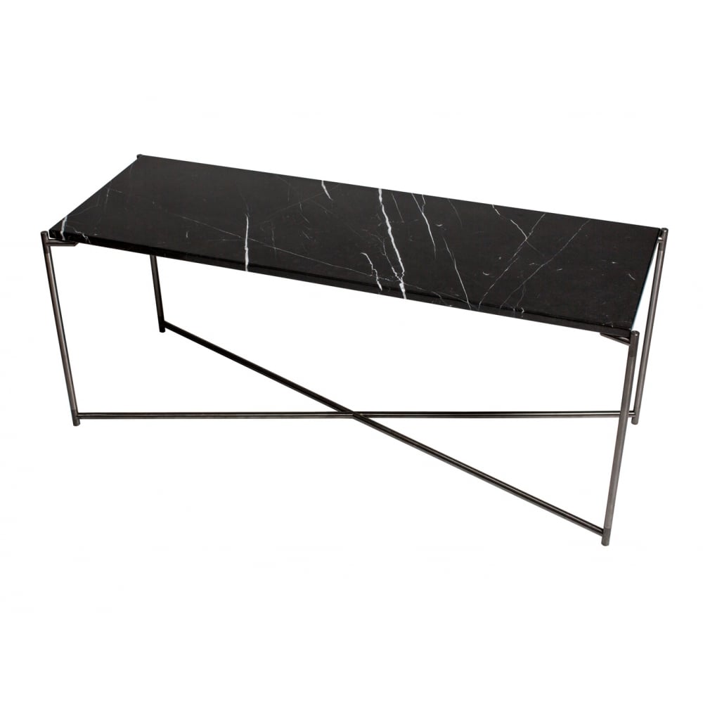 Black Marble Low Console Media Table with Gun Metal Cross Base
