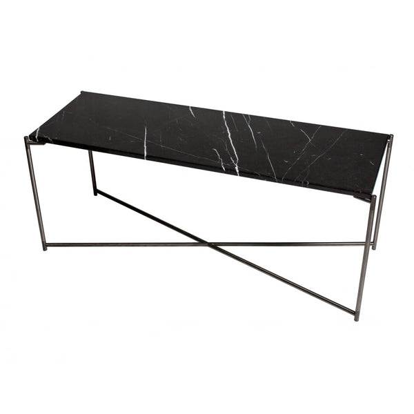 Black Marble Low Console Media Table with Gun Metal Cross Base