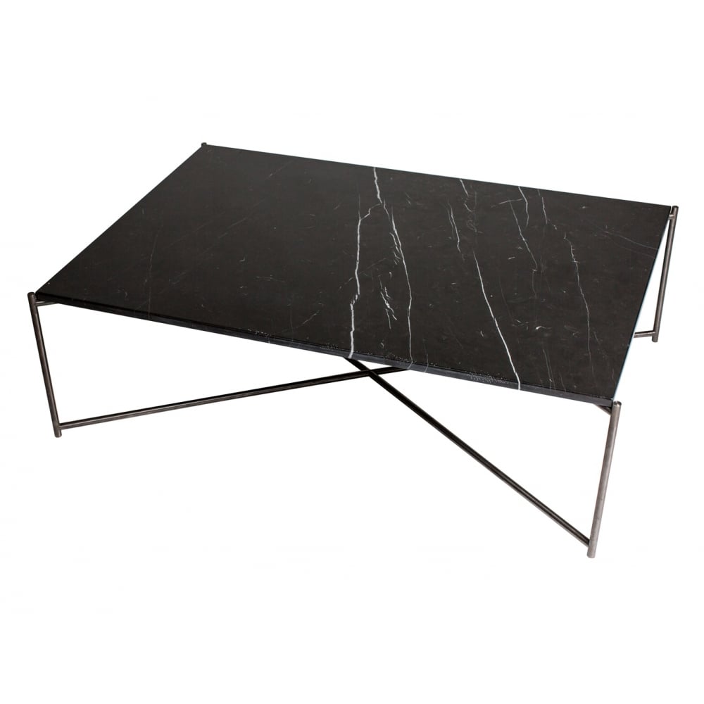 Black Marble Rectangular Coffee Table with Gun Metal Cross Base