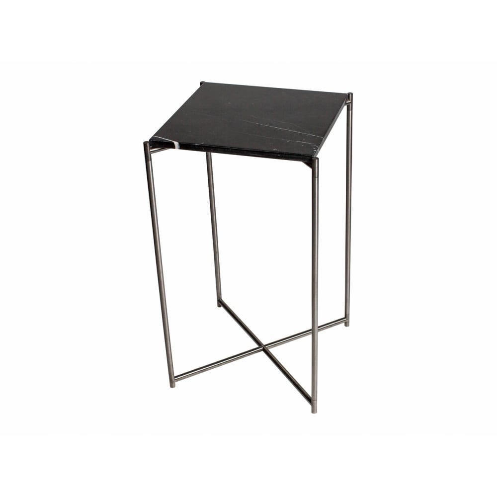 Black Marble Square Lamp Table with Gun Metal Cross Base