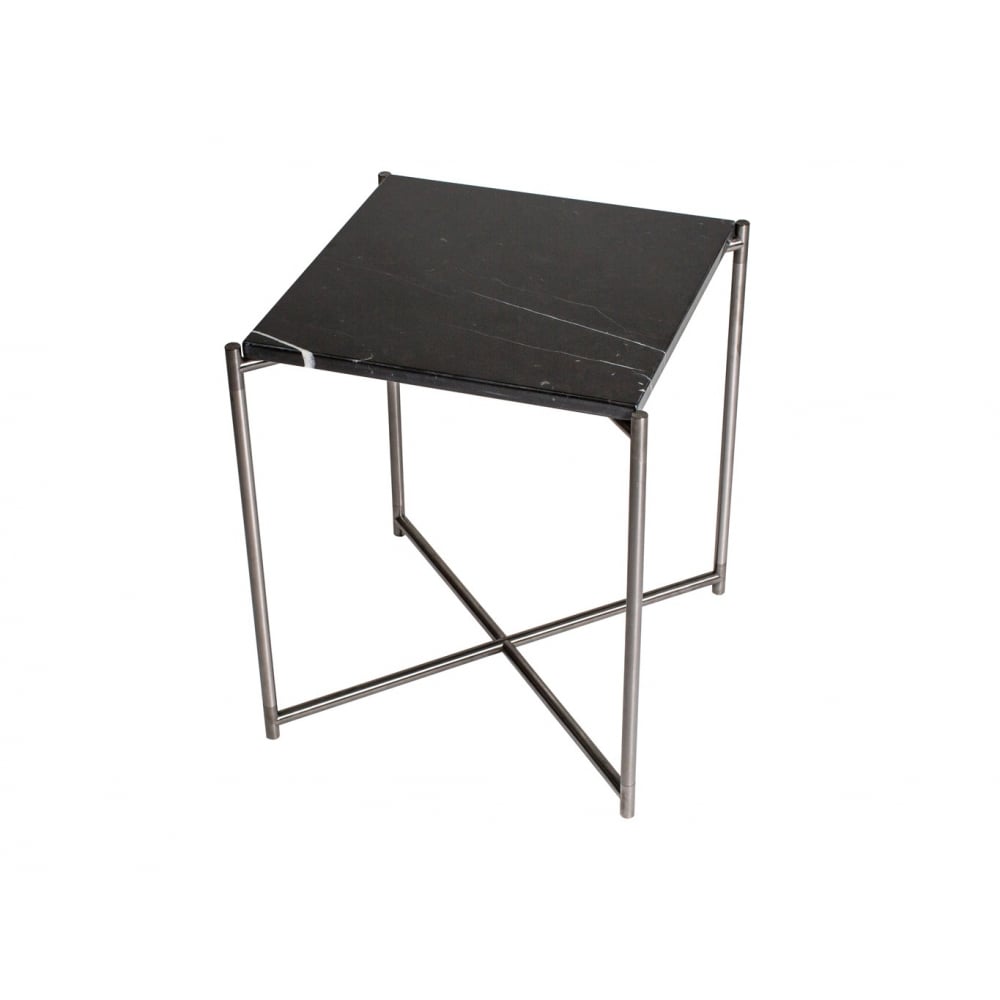 Black Marble Square Side Table with Gun Metal Cross Base