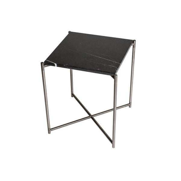 Black Marble Square Side Table with Gun Metal Cross Base