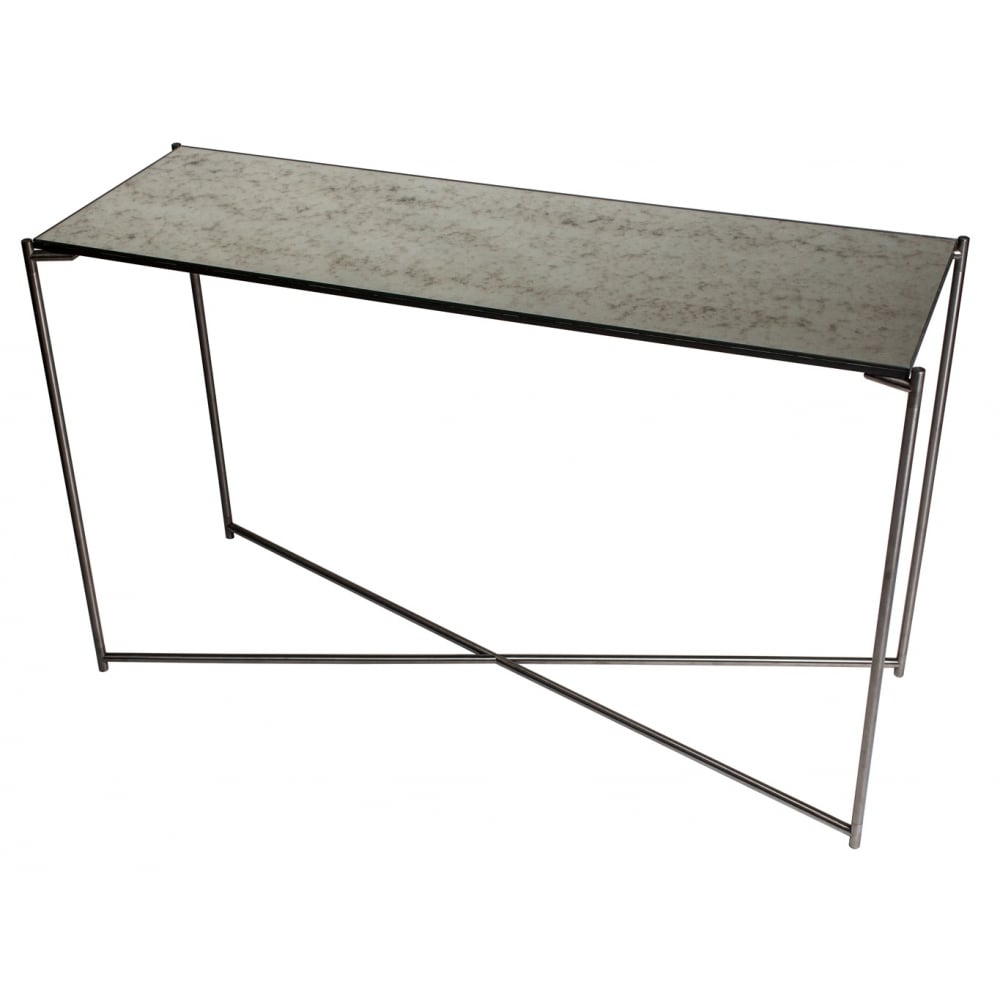 Antiqued Glass Large Console Table with Gun Metal Cross Base