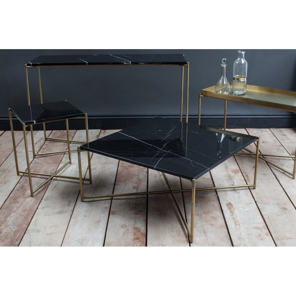 Black Marble Square Lamp Table with Brass Cross Base