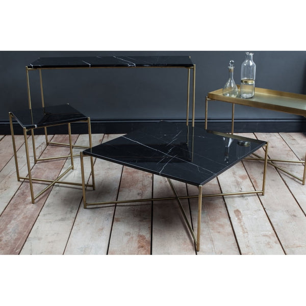 Black Marble Square Lamp Table with Brass Cross Base