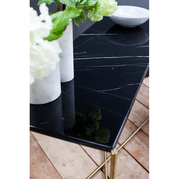 Black Marble Low Console Media Table with Brass Cross Base
