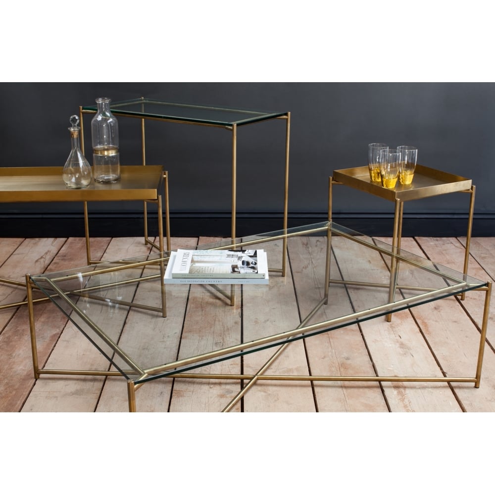 Clear Glass Small Console Table with Brass Cross Base