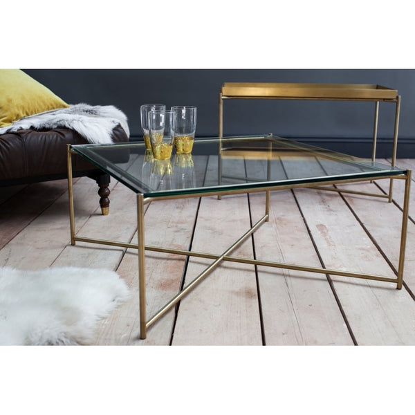 Clear Glass Square Coffee Table with Brass Cross Base
