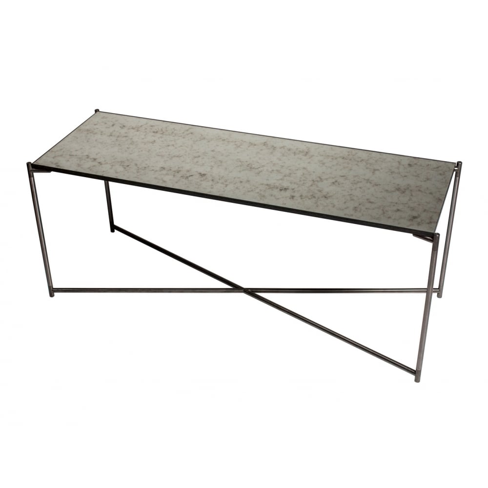 Antiqued Glass Low Console Media Table with Gun Metal Cross Base