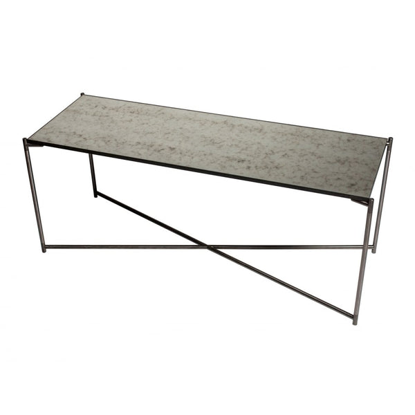 Antiqued Glass Low Console Media Table with Gun Metal Cross Base