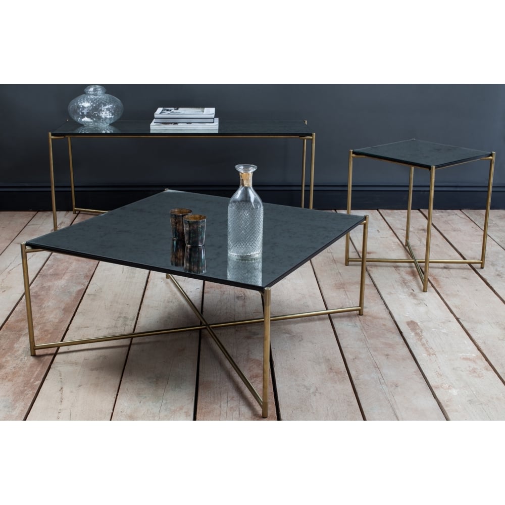 Antiqued Glass Low Console Media Table with Gun Metal Cross Base