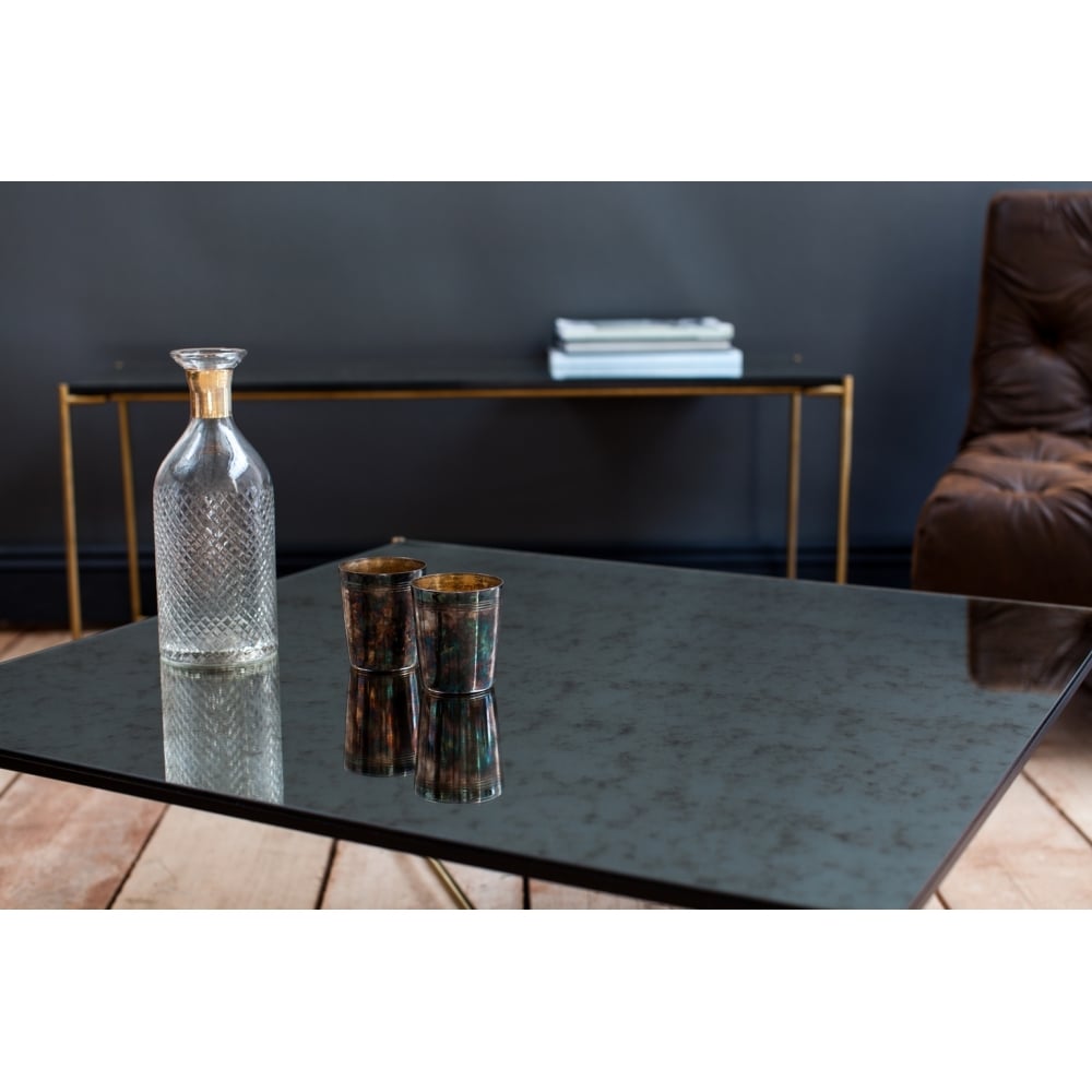 Antiqued Glass Low Console Media Table with Gun Metal Cross Base