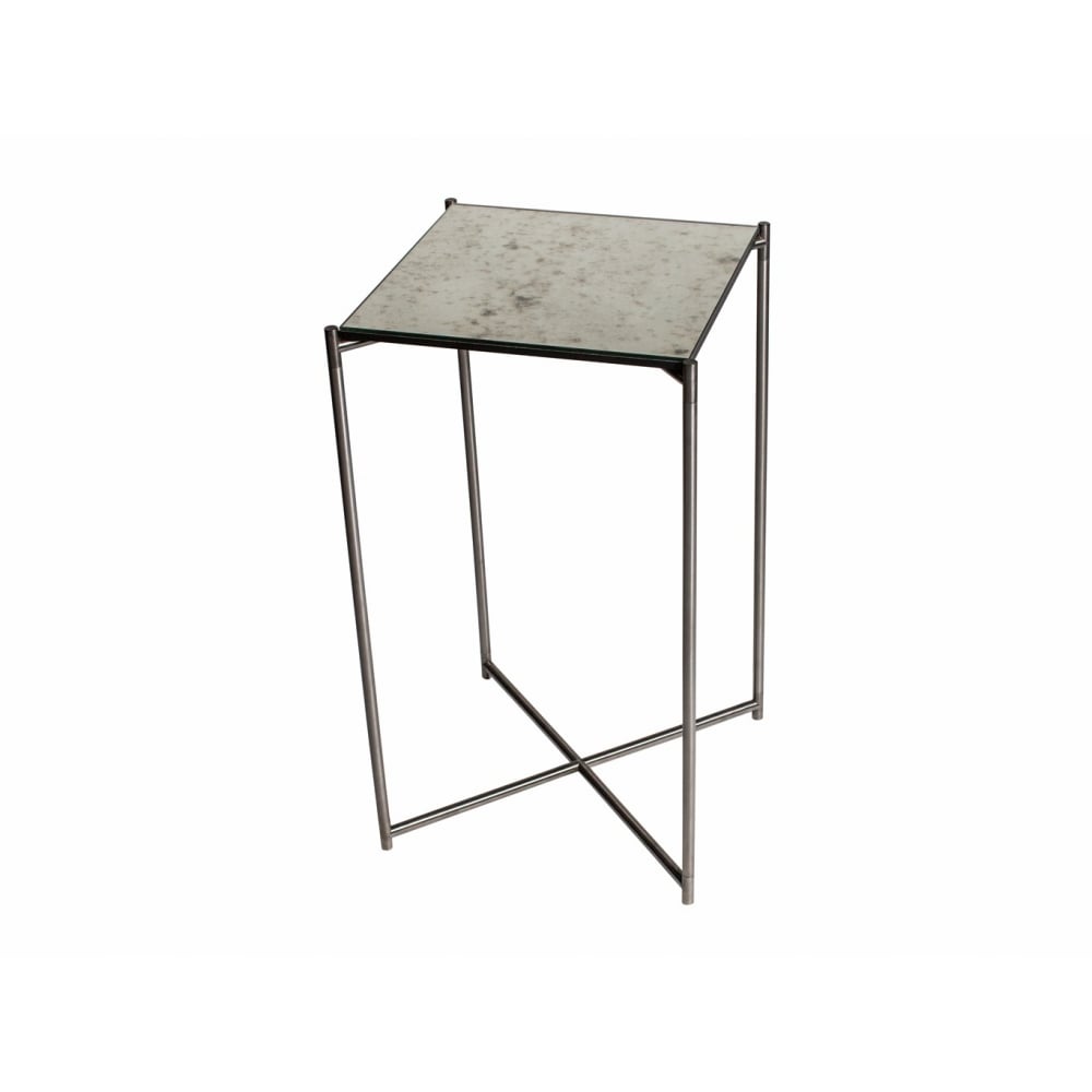Antiqued Glass Square Lamp Table with Gun Metal Cross Base