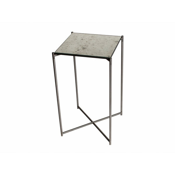 Antiqued Glass Square Lamp Table with Gun Metal Cross Base