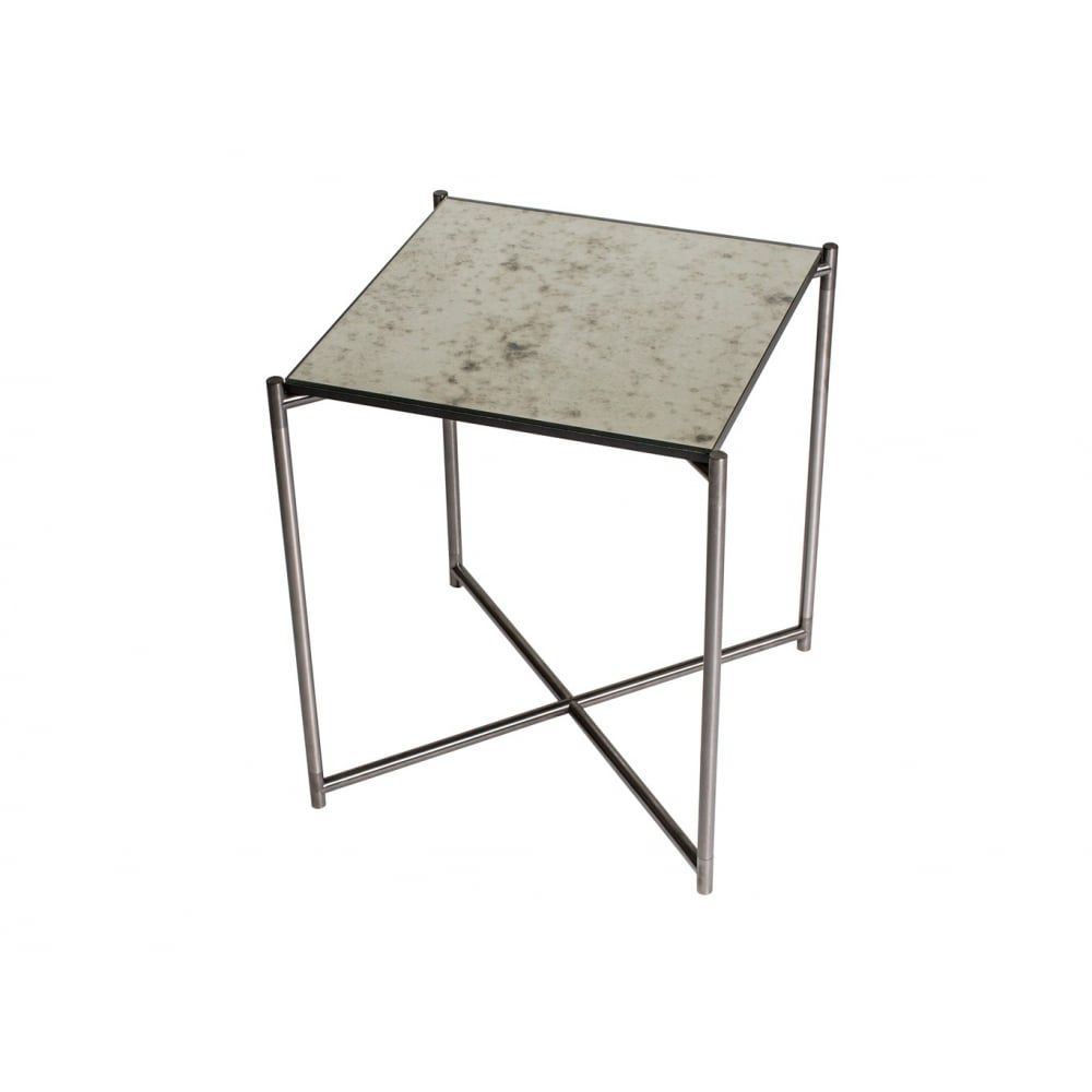 Antiqued Glass Square Side Table with Gun Metal Cross Base