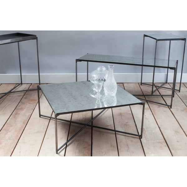 Antiqued Glass Low Console Media Table with Gun Metal Cross Base