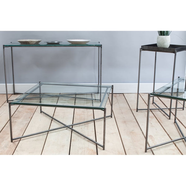 Antiqued Glass Square Lamp Table with Gun Metal Cross Base