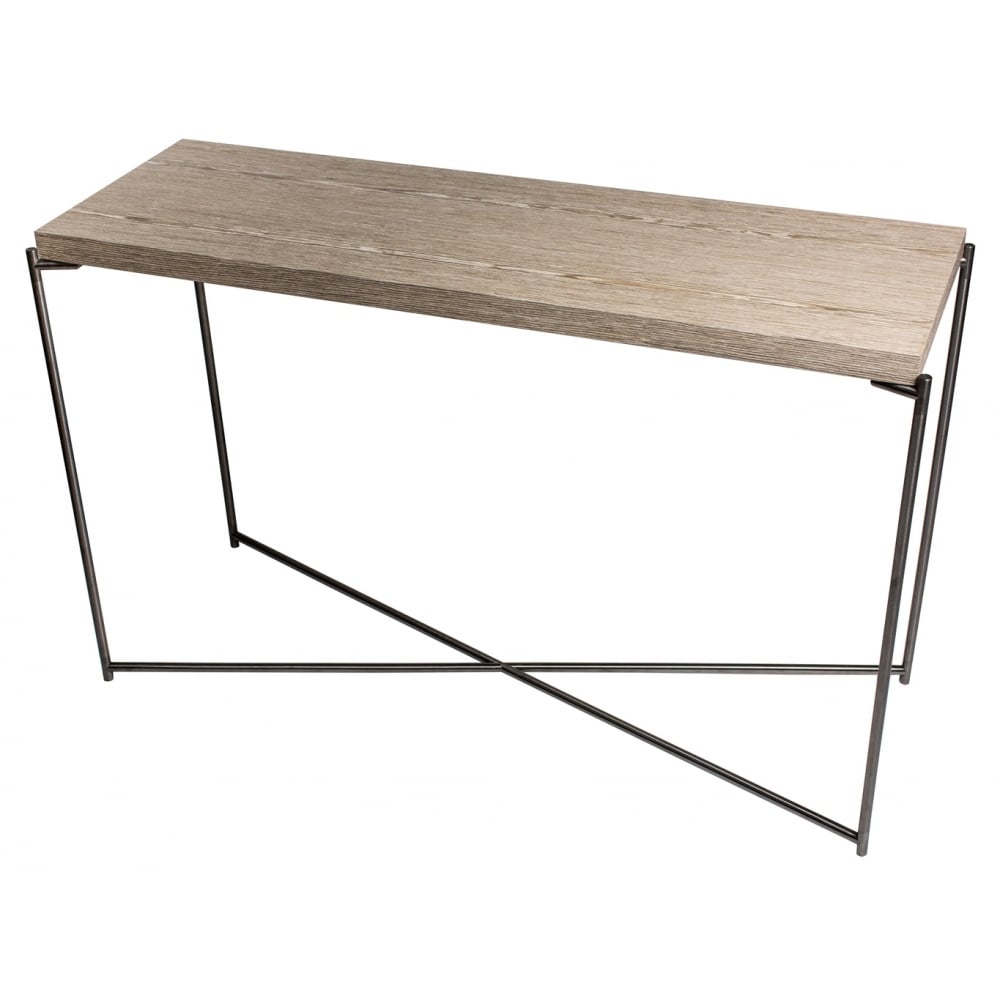 Weathered Oak Large Console Table with Gun Metal Cross Base