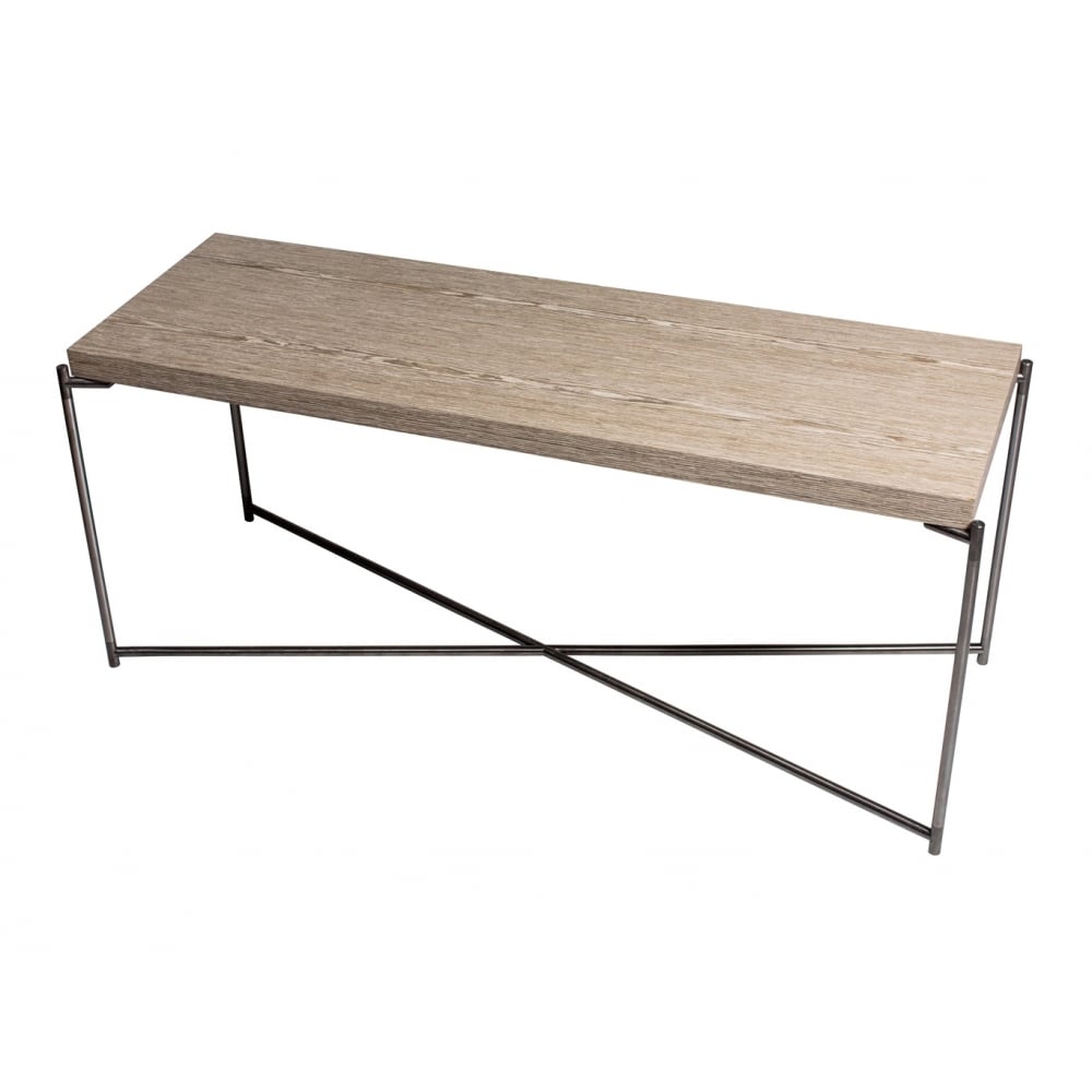Weathered Oak Low Console Media Table with Gun Metal Cross Base