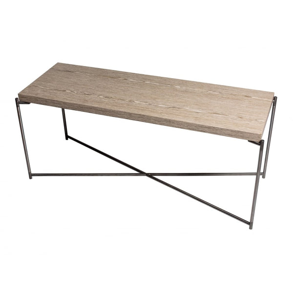 Weathered Oak Low Console Media Table with Gun Metal Cross Base