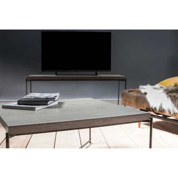 Weathered Oak Low Console Media Table with Gun Metal Cross Base