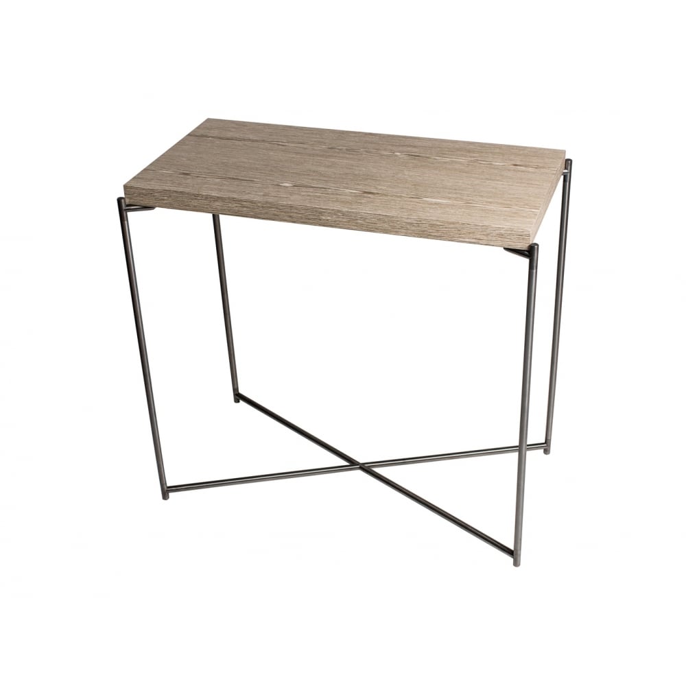 Weathered Oak Small Console Table with Gun Metal Cross Base