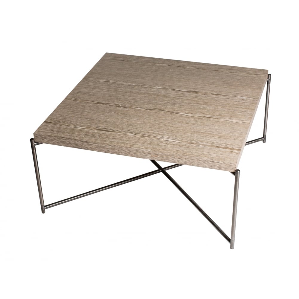 Weathered Oak Square Coffee Table with Gun Metal Cross Base