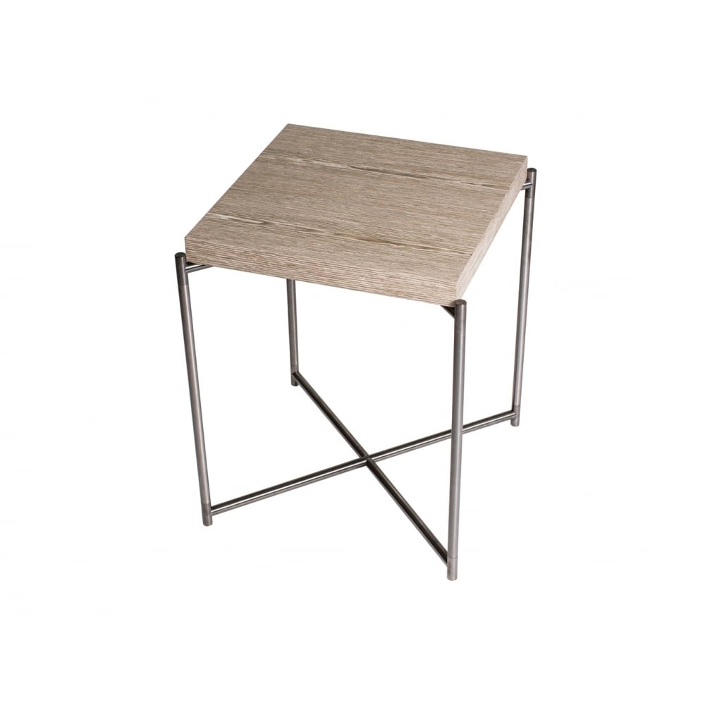 Weathered Oak Square Side Table with Gun Metal Cross Base