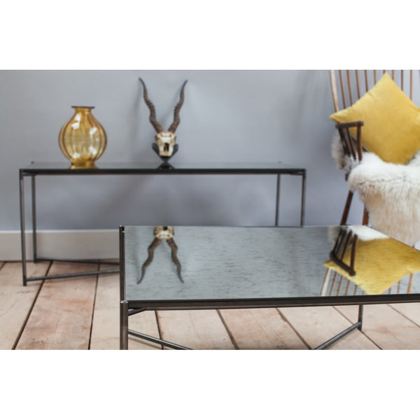 Antiqued Glass Large Console Table with Gun Metal Cross Base