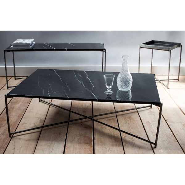 Black Marble Square Lamp Table with Gun Metal Cross Base
