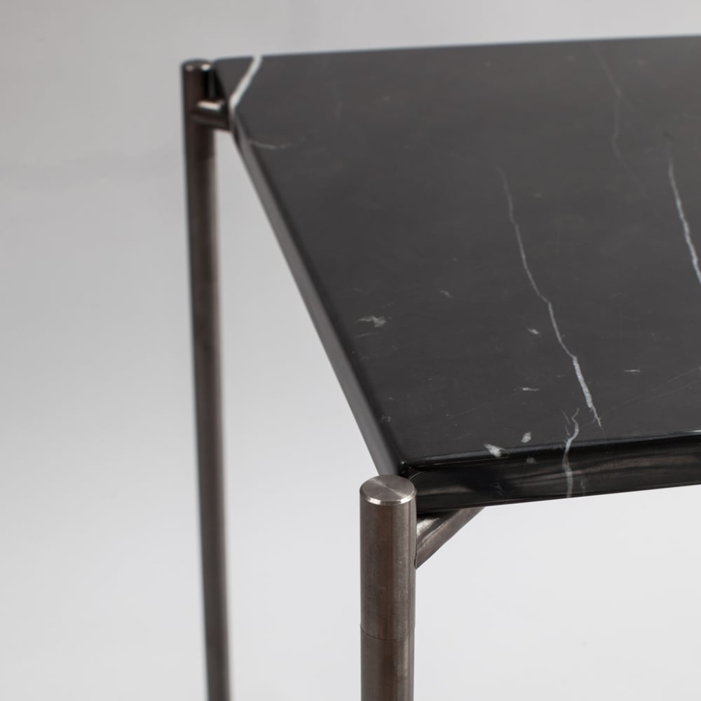 Black Marble Low Console Media Table with Gun Metal Cross Base