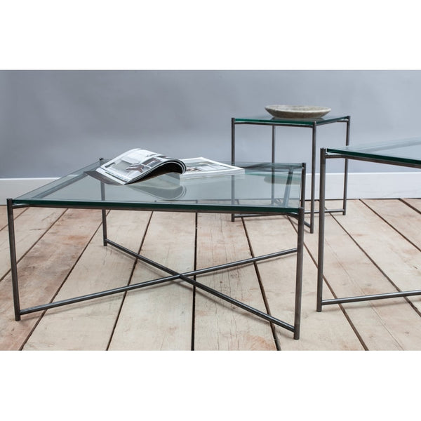 Clear Glass Square Coffee Table with Gun Metal Cross Base