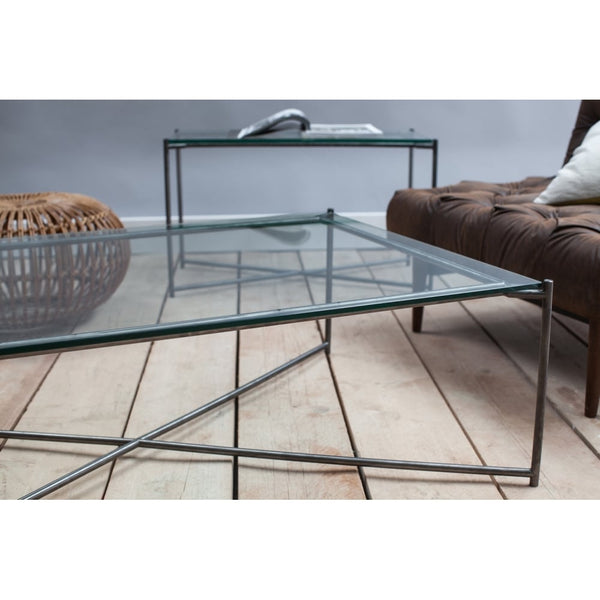 Clear Glass Rectangular Side Table with Gun Metal Cross Base