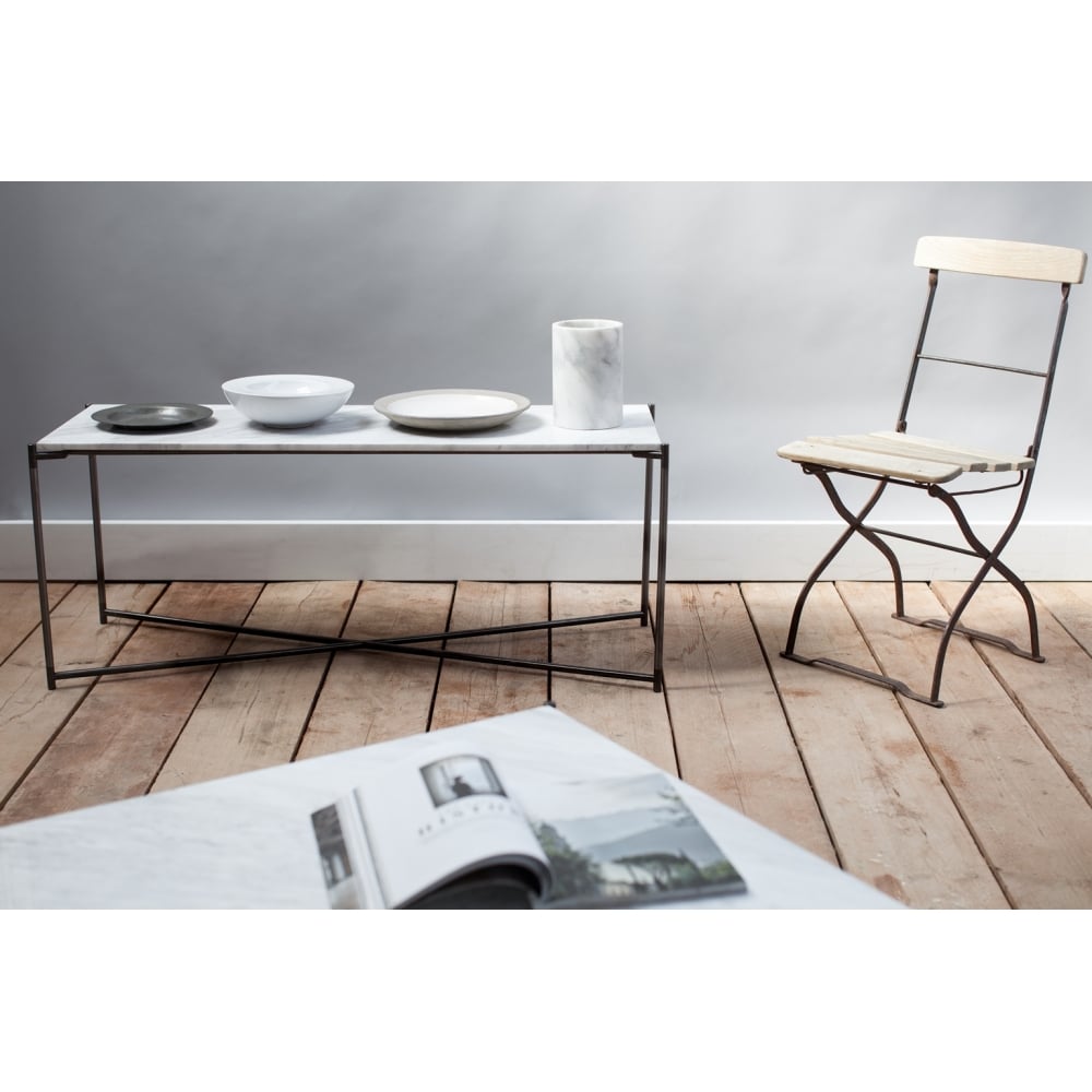 White Marble Rectangular Side Table with Gun Metal Cross Base