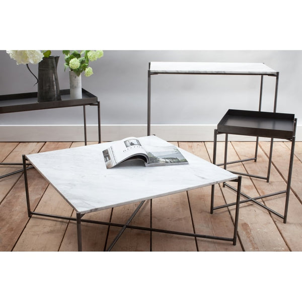 White Marble Rectangular Coffee Table with Gun Metal Cross Base