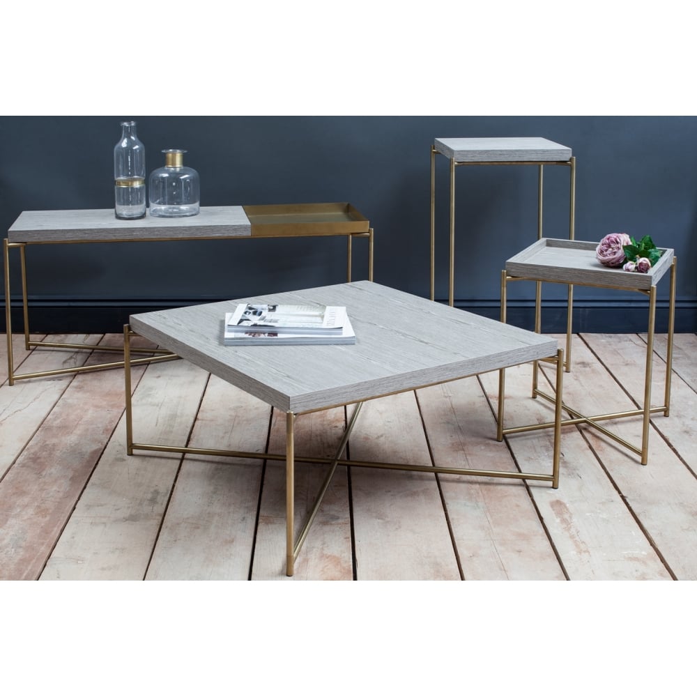Weathered Oak Large Console Table with Brass Cross Base