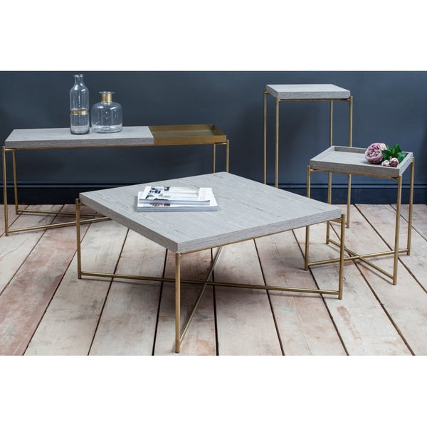 Weathered Oak Large Console Table with Brass Cross Base