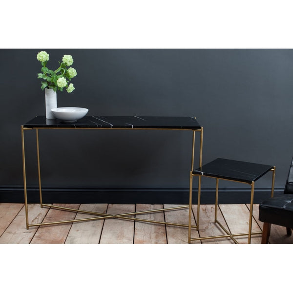 Black Marble Square Side Table with Brass Cross Base