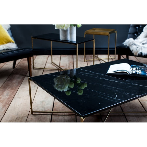 Black Marble Low Console Media Table with Brass Cross Base