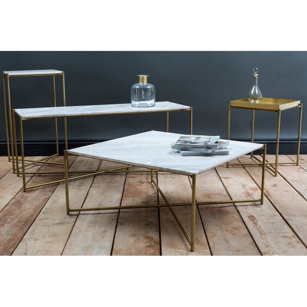 White Marble Rectangular Side Table with Brass Cross Base
