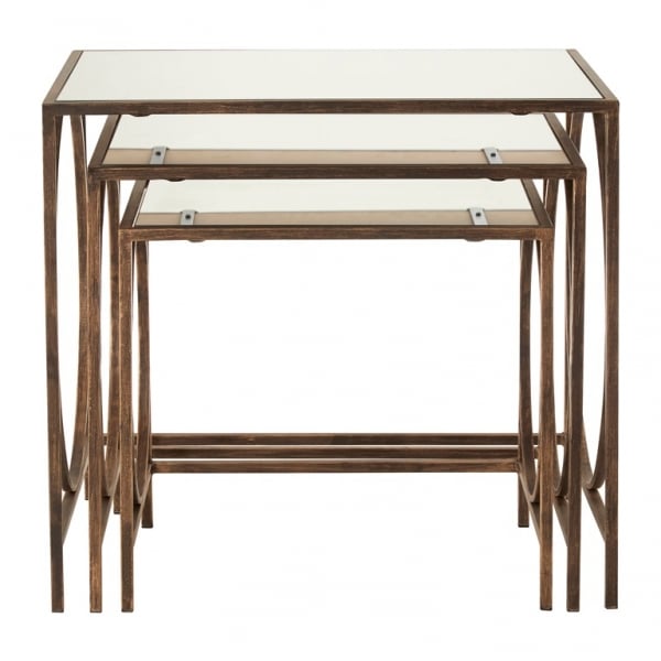 Nest of Tables with a Mirrored Top and Dark Gold Frame