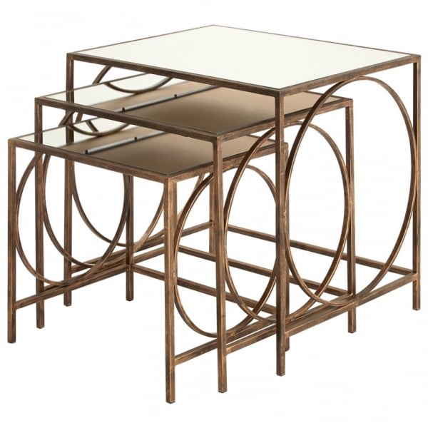 Nest of Tables with a Mirrored Top and Dark Gold Frame