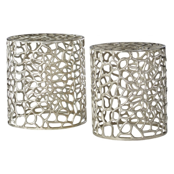 Silver Circular Side Tables with Cut Out Detail