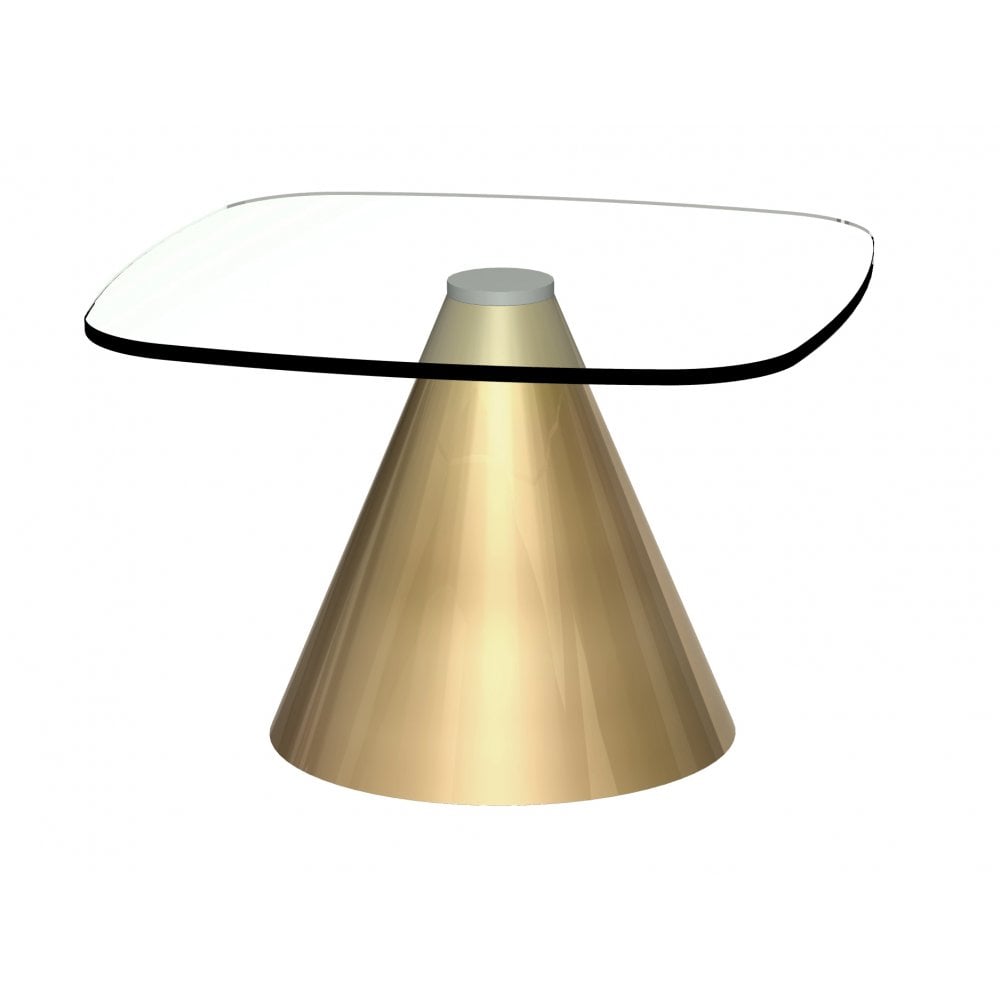 Square Clear Glass Side Table with Conical Brass Base