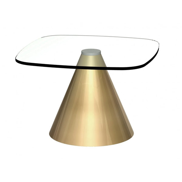 Square Clear Glass Side Table with Conical Brass Base
