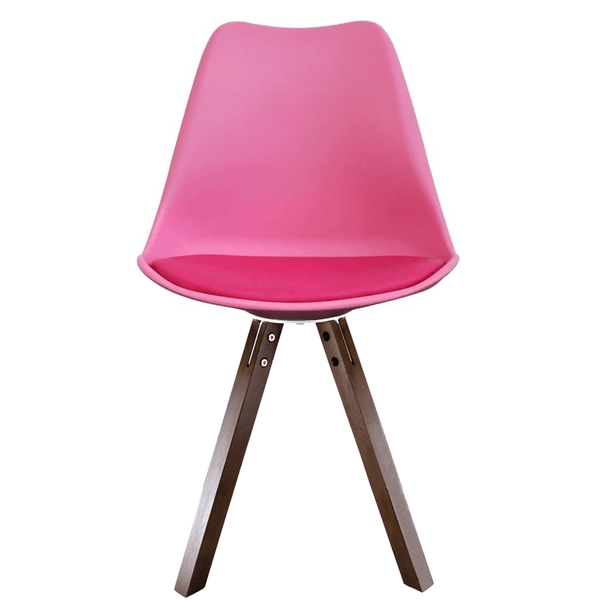 Soho Bright Pink Plastic Dining Chair with Square Pyramid Dark Wood Legs